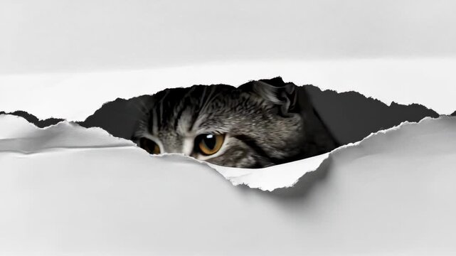 Curious cat peeking through torn paper with wide eyes