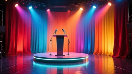 An empty performance stage enhanced with mesmerizing colorful neon lights for a theatrical impact. AI Generative