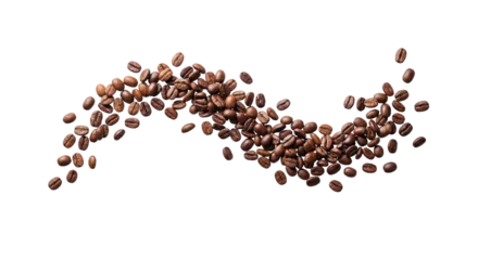 Fototapete Kaffee Bar Roasted coffee beans, curved arrangement, s-shape flow, falling coffee beans, scattered, top down view, flat lay, isolated on white background, minimalist, commercial food photography, cut out  © Tusion