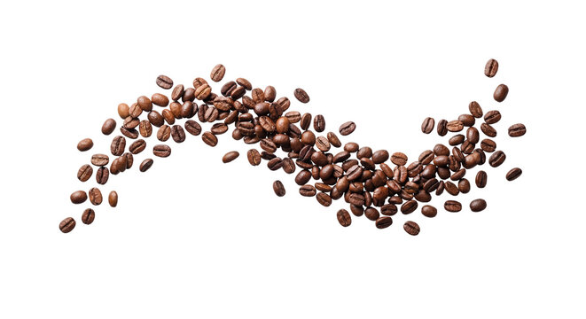 Roasted coffee beans, curved arrangement, s-shape flow, falling coffee beans, scattered, top down view, flat lay, isolated on white background, minimalist, commercial food photography, cut out