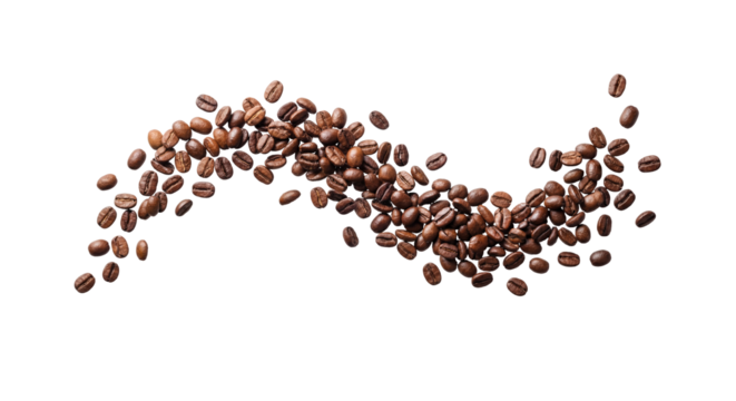 Roasted coffee beans, curved arrangement, s-shape flow, falling coffee beans, scattered, top down view, flat lay, isolated on white background, minimalist, commercial food photography, cut out