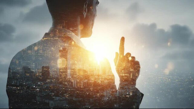 Artistic double exposure of a business professional silhouette combined with a glowing night city skyline. The male figure points a finger upward, symbolizing innovation, leadership, and future vision
