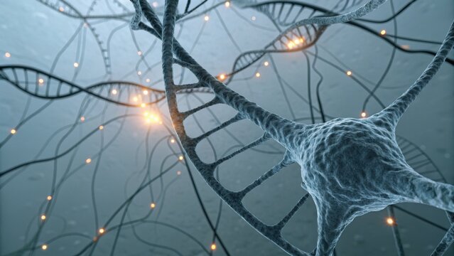 A detailed visualization of neurons and DNA strands, showcasing the complexity of neural connections and cellular structures in a scientific context.