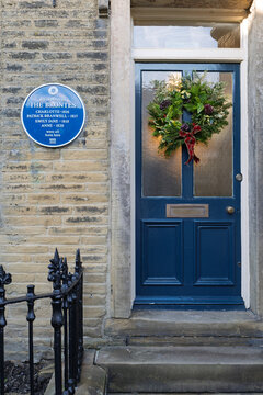 Bradford, UK - Nov 21 2025: Exterior of the birthplace of the famous Bront&euml; sisters in the West Yorkshire village of Thornton. A blue plaque has been erected in their memory.