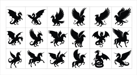 Silhouettes of fantasy mythical creatures isolated on