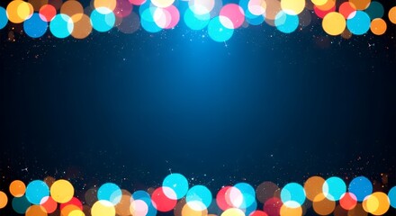 Festive bokeh lights frame a dark blue background with glowing particles, ideal for holiday and celebration themes
