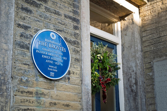 Bradford, UK - Nov 21 2025: Exterior of the birthplace of the famous Bront&euml; sisters in the West Yorkshire village of Thornton. A blue plaque has been erected in their memory.