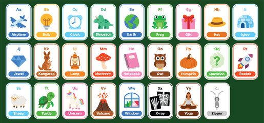 Colorful alphabet flashcards from A to Z with cute illustrations. Perfect for phonics, preschool, kindergarten, school lessons, ESL education, worksheets, posters, and learning apps.   © 소희 김