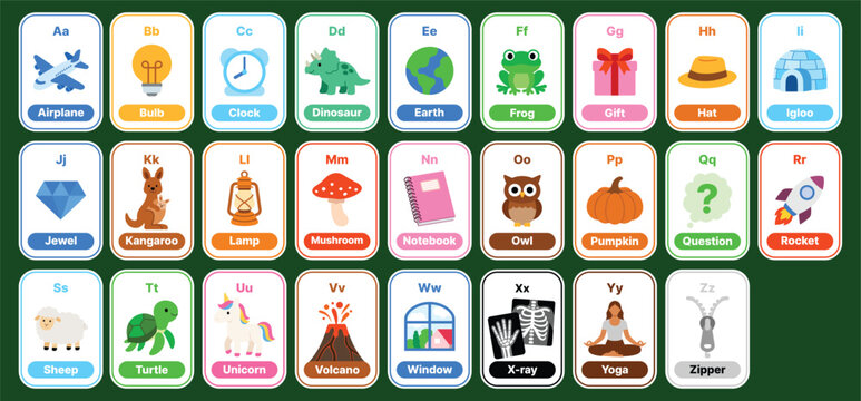 Colorful alphabet flashcards from A to Z with cute illustrations. Perfect for phonics, preschool, kindergarten, school lessons, ESL education, worksheets, posters, and learning apps.	
