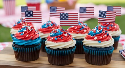 Patriotic cupcakes decorated with american flags and sprinkles