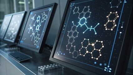 Three high-tech monitors display molecular structures on a dark interface, suggesting advanced scientific research or analysis in a modern lab setting.