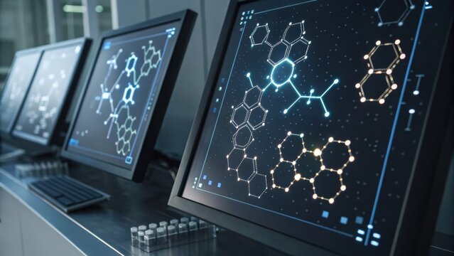 Three high-tech monitors display molecular structures on a dark interface, suggesting advanced scientific research or analysis in a modern lab setting. - Powered by Adobe