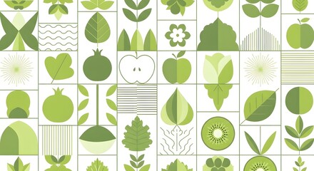 Abstract green fruit and plant mosaic pattern on white background