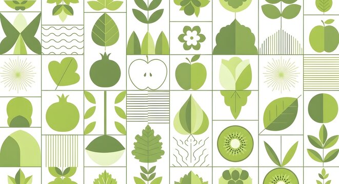 Abstract green fruit and plant mosaic pattern on white background - Powered by Adobe