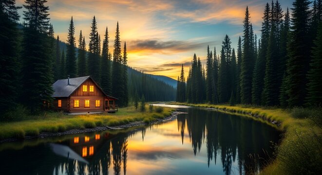 Cozy cabin reflecting in river at sunset in a forest setting - Powered by Adobe