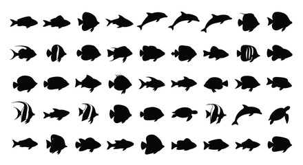 Naklejka premium Collection of diverse fish and marine animal silhouettes isolated on