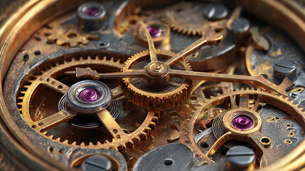 Close-up of a intricate watch mechanism with its gears and cogs in metallic colors