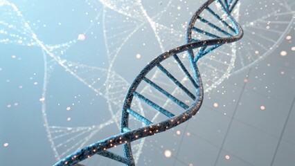 A mesmerizing close-up of a DNA double helix, featuring sparkling elements and a soft blue background, symbolizing genetics and molecular biology.