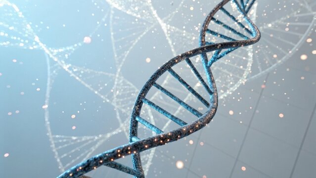 A mesmerizing close-up of a DNA double helix, featuring sparkling elements and a soft blue background, symbolizing genetics and molecular biology.