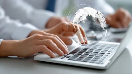 Digital Earth: A close-up view of hands typing on a laptop, with a holographic Earth projected above, symbolizing global connectivity and technology. - Powered by Adobe