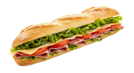A long, golden-crusted french baguette sandwich, meticulously sliced open, revealing crisp lettuce, tomato, cheese, and cured ham on a transparent studio background. Concept for premium gourmet