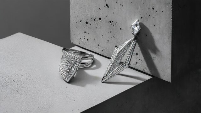 Diamond jewelry ring & earring showcase brilliance, set against minimalist, textured backdrop