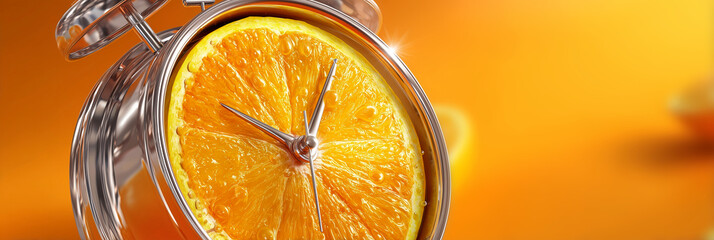 A surreal close-up of a vintage alarm clock featuring a fresh orange slice as the clock face, set against a bright blurred orange background to symbolize daily fruit vitamin habits. Generative Ai.