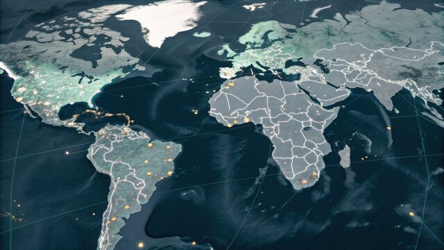 A detailed digital map showcasing the continents and oceanic regions of the Earth with highlighted geographical features.