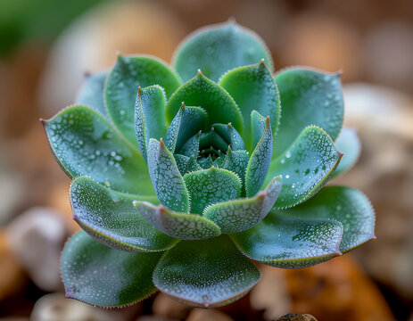 Succulent plant with green rosette leaves covered in water droplets, showing natural texture and fresh appearance