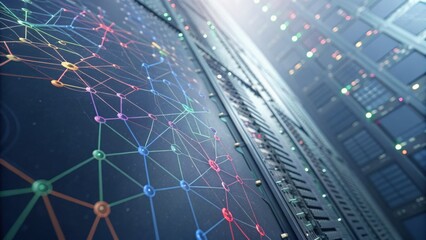 A visually striking representation of a network system, showcasing interconnected nodes and vibrant lines against a server backdrop.