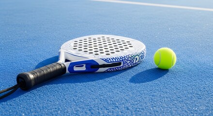 Padel tennis racket and vibrant ball ready for a dynamic match on a bright blue court, offering a modern sports lifestyle and active leisure concept