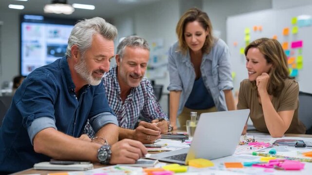 Brainstorming Business: A collaborative team gathers around a laptop, engaged in an energetic brainstorming session filled with smiles and ideas in the office environment. 