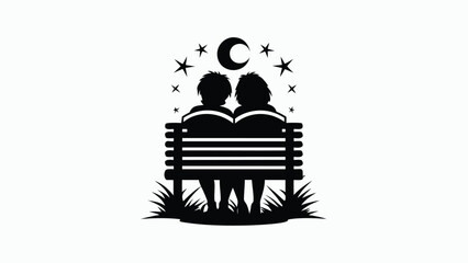 Overhead perspective of two romantic silhouettes in a banner or advertisement design featuring a vibrant color palette and classic fonts