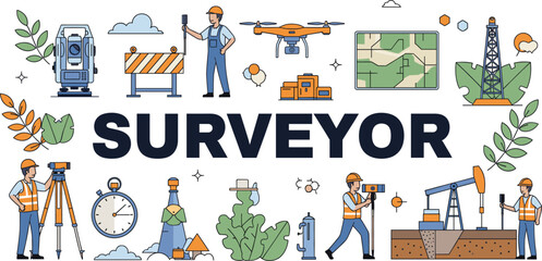 Surveyor profession illustration—total station, GPS, drone, map, compass, and construction elements around “SURVEYOR” banner