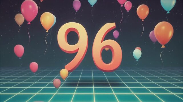 Number 96 surrounded by balloons. Festive video for birthday or anniversary party