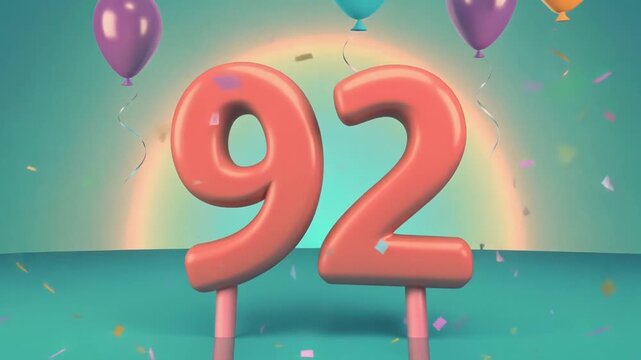 Number 92 surrounded by balloons. Festive video for birthday or anniversary party