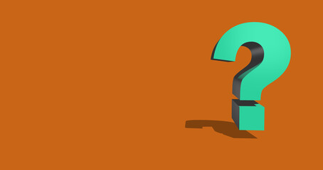 3D turquoise question mark against brown wall symbolised query doubt and uncertainty. Minimalism visual concept for business, finance, education or marketing, problem solving, decision making.