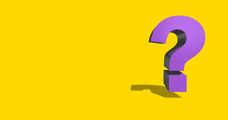 3D purple question mark against yellow wall symbolised query doubt and uncertainty. Minimalism visual concept for business, finance, education or marketing. Thinking, problem solving, decision making.