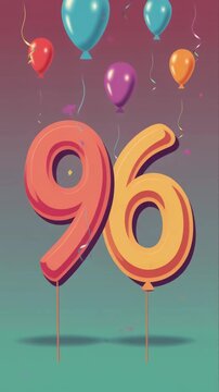 Number 96 surrounded by balloons. Festive video for birthday or anniversary party