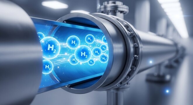 Metal pipe with blue hydrogen molecules inside with light trails suggesting movement set in an industrial environment - Powered by Adobe