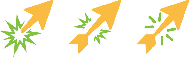 Collection of orange arrow graphics representing growth, progress, and impact. Features include burst effects and motion indicators, suitable for concepts in business, finance, and marketing. © RhythmCraft