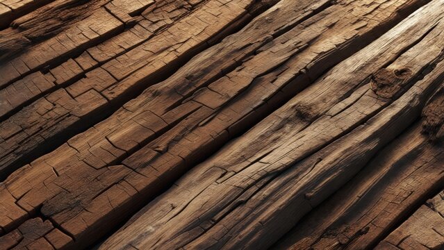Angled, textured close-up of weathered, brown wooden beams, showing grain and cracks