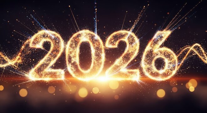 Sparkling golden 2026 numbers with glowing light particles