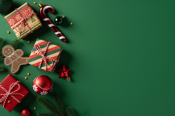 Vibrant Christmas scene with wrapped presents, candy cane, gingerbread man, red ornament and...