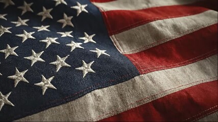Cinematic close up view of the American flag with visible fabric texture and embroidered stars. The detailed textile surface highlights the patriotic red, white, and blue colors. This background is id - Powered by Adobe