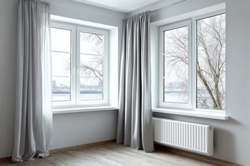 Corner room features two white framed windows looking out onto a winter landscape with bare trees