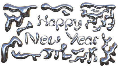 3D Chrome Liquid Happy New Year Text with Metallic Fluid Shapes and Glossy Silver Mercury Effect – Futuristic Abstract Drip Typography Design