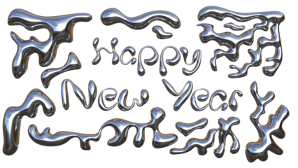 3D Chrome Liquid Happy New Year Text with Metallic Fluid Shapes and Glossy Silver Mercury Effect – Futuristic Abstract Drip Typography Design
