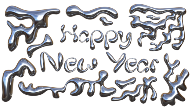3D Chrome Liquid Happy New Year Text with Metallic Fluid Shapes and Glossy Silver Mercury Effect – Futuristic Abstract Drip Typography Design - Powered by Adobe