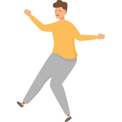 Fototapeta premium Joyful Young Man In Orange Sweater And Grey Pants Dancing Energetically With Arms Outstretched Against A White Background